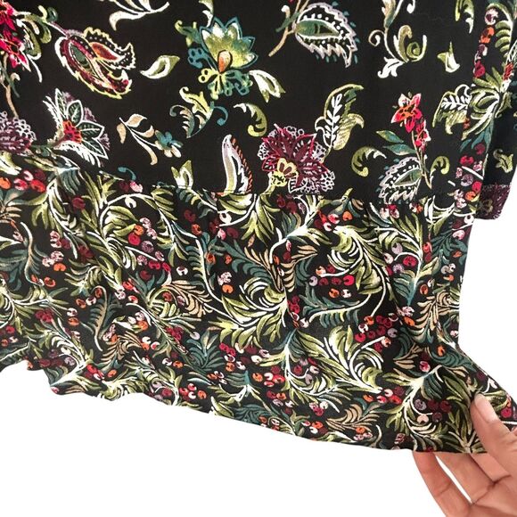 J Jill Pullover Top M Black Floral Peplum 3/4 Sleeves Purple Green White Tunic - Picture 6 of 10